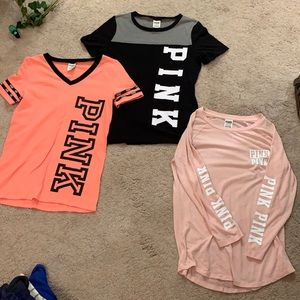 2 PINK t-shirts and a light weight long sleeved